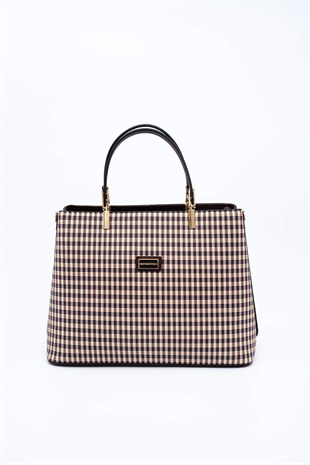 Silver & Polo SP924 Kadın El Çantası Ekose Line Kare Kahve Sarı-Kahve