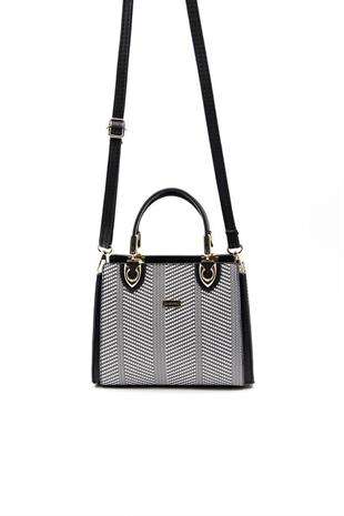 Silver & Polo SP1133 Kadın El Çantası Hasır Siyah Beyaz-Siyah