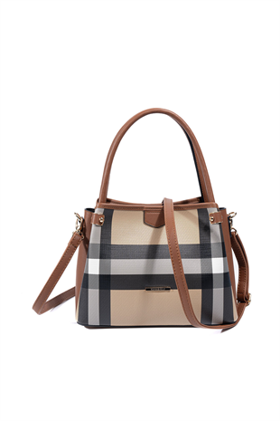 Silver & Polo SP1254 Kadın El Çantası Ekose Bej-Taba