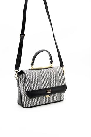 Silver & Polo SP838 Kadın Çapraz Çanta Hasır Siyah Beyaz-Siyah
