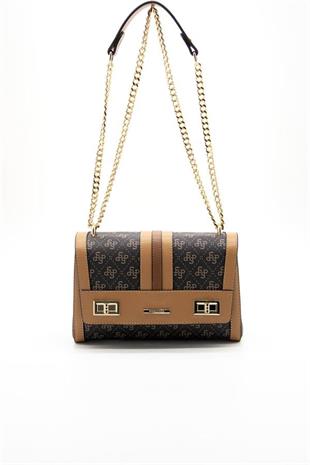 Silver & Polo SP1139 Kadın Çapraz Çanta Monogram Kahve Sarı-A.Taba