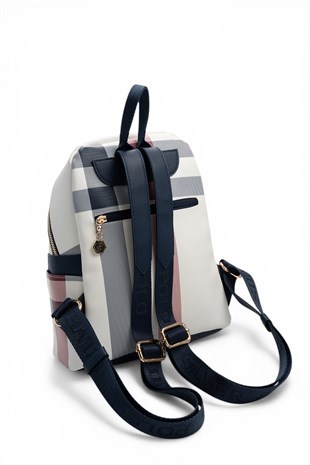 Silver & Polo SP926 Kadın Sırt Çantası Ekose Beyaz-Lacivert