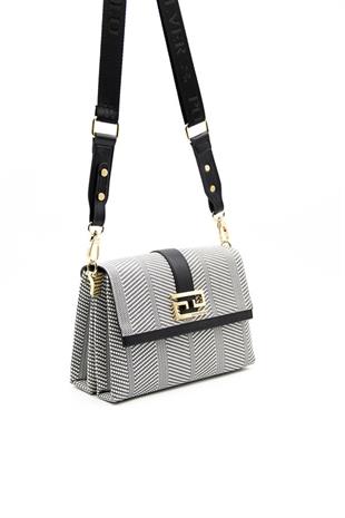 Silver & Polo SP1009 Kadın Çapraz Çanta Hasır Siyah Beyaz-Siyah
