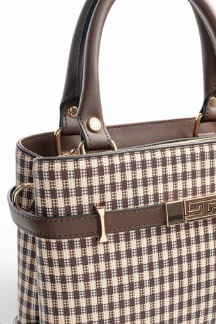 Silver Polo SP1149 Kadın El Çantası Ekose Line Kare Kahve Sarı-Kahve