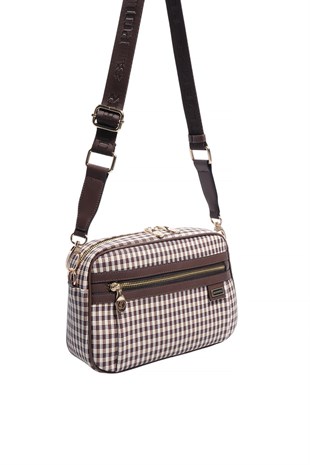 Silver & Polo SP1280 Kadın Çapraz Çanta Ekose Line Kare Kahve Sarı-Kahve