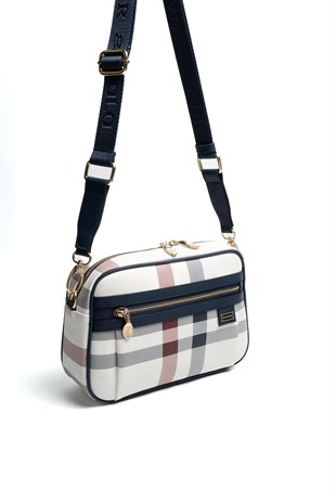 Silver & Polo SP1280 Kadın Çapraz Çanta Ekose Beyaz-Lacivert