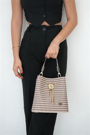 Silver & Polo SP967 Kadın Çapraz Çanta Ekose Line Kare Kahve Sarı-Bej