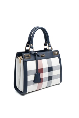 Silver & Polo SP1174 Kadın El Çantası Ekose Beyaz-Lacivert