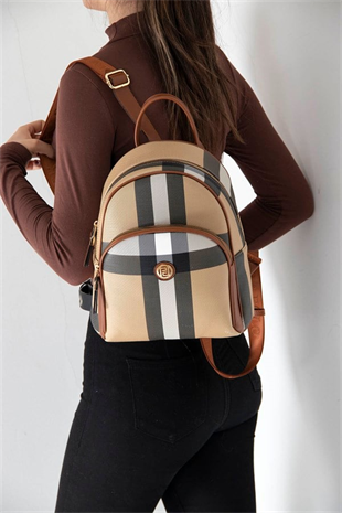 Silver & Polo SP1062 Kadın Sırt Çantası Ekose Bej-Taba