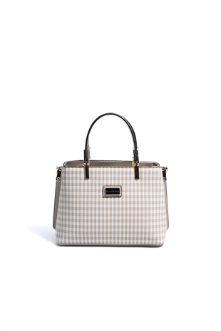 Silver & Polo SP987 Kadın El Çantası Ekose Line Kare Kum Beji-Kum