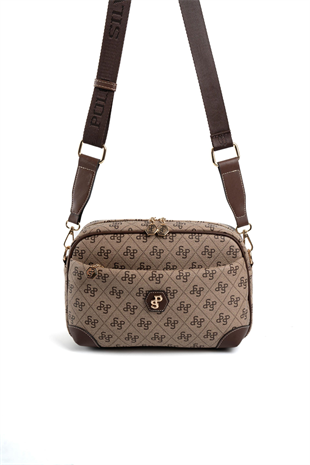 Silver & Polo SP1094 Kadın Çapraz Çanta Monogram Koyubej-Kahve