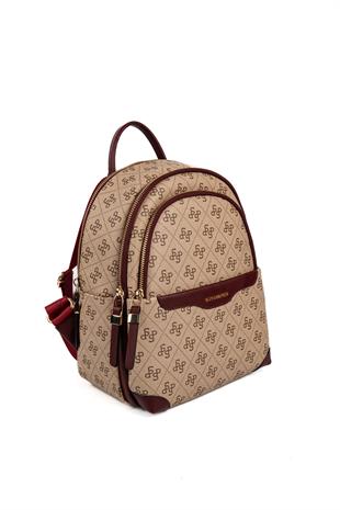 Silver & Polo SP1265 Kadın Sırt Çantası Monogram Koyu Bej-Bordo