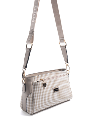 Silver & Polo SP1273 Kadın Çapraz Çanta Ekose Line Kare Kum Beji