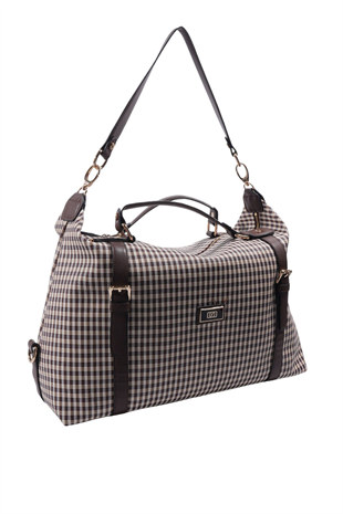 Silver & Polo SP1064 Kadın Seyahat Çantası Ekose Line Kare Kahve Sarı-Kahve