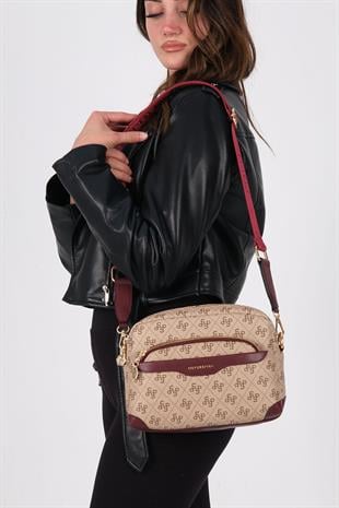Silver & Polo SP1201 Kadın Çapraz Çanta Monogram Koyu Bej-Bordo