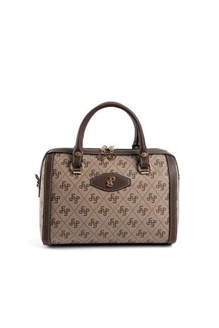 Silver & Polo SP1091 Kadın El Çantası Monogram Koyubej-Kahve