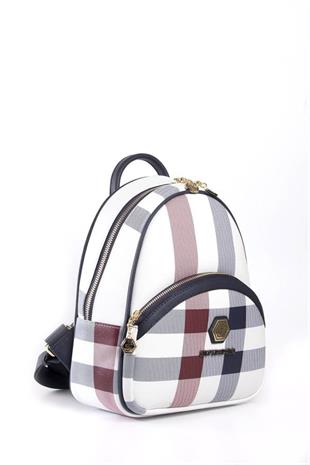 Silver & Polo SP945 Kadın Sırt Çantası Ekose Beyaz-Lacivert