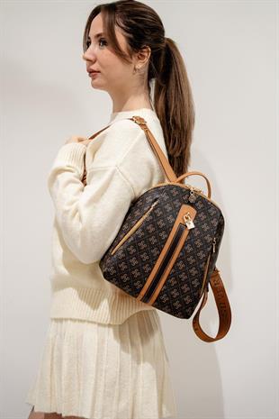Silver & Polo SP1123 Kadın Sırt Çantası Monogram Kahve Sarı-A.Taba