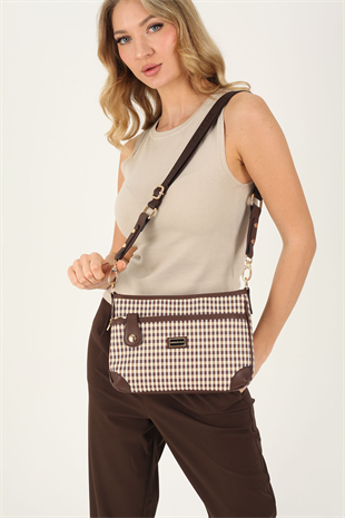 Silver & Polo SP1160 Kadın Çapraz Çanta Ekose Line Kare Kahve Sarı-Kahve