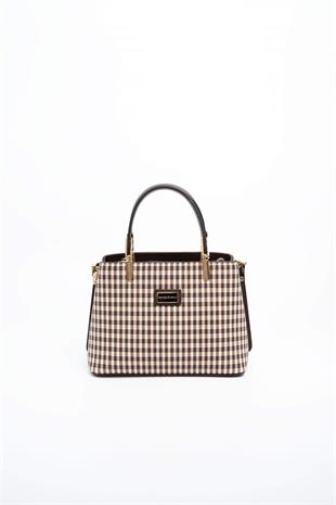 Silver & Polo SP987 Kadın El Çantası Ekose Line Kare Kahve Sarı-Kahve