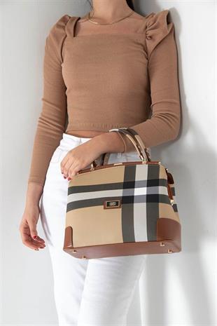 Silver & Polo SP706 Kadın El Çantası Ekose Bej-Taba