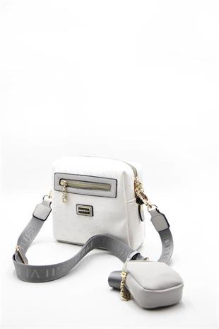 Silver & Polo SP1038 Kadın Çapraz Çanta Logolu Beyaz-A.Gri