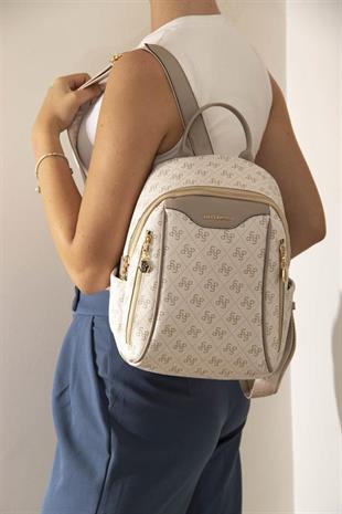 Silver Polo SP906 Kadın Sırt Çantası Monogram Bej-Kum