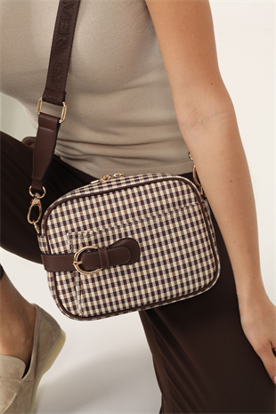 Silver & Polo SP1256 Kadın Çapraz Çanta Ekose Line Kare Kahve Sarı-Kahve