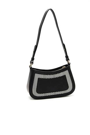 Silver & Polo SP1132 Kadın Çapraz Çanta Hasır Siyah Beyaz-Siyah