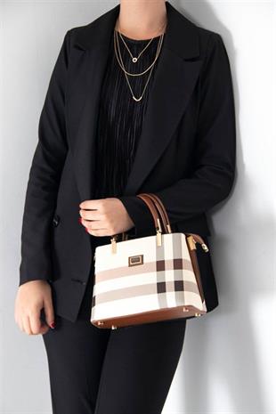 Silver & Polo SP987 Kadın El Çantası Ekose Krem-Taba