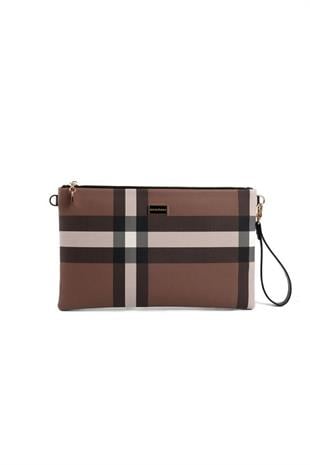 Silver Polo Koyu Kahve - Kahve Ekose Kadın Portföy ve Clutch El Çantası SP1034