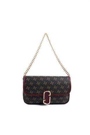 Silver Polo SP1171 Kadın Omuz Çantası Monogram Kahve Sarı-Bordo