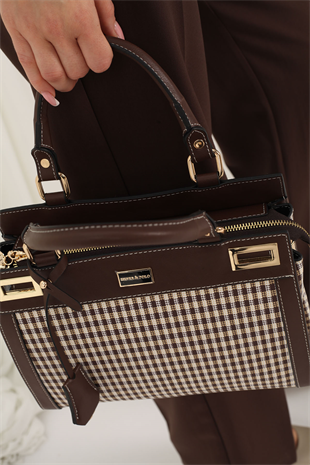 Silver & Polo SP1174 Kadın El Çantası Ekose Line Kare Kahve Sarı-Kahve