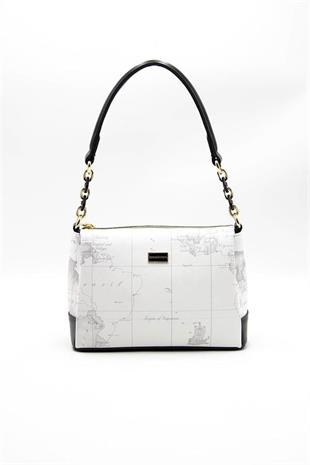 Silver & Polo SP910 Kadın Çapraz Çanta Harita Beyaz-Antrasit
