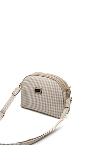 Silver & Polo SP765 Kadın Çapraz Çanta Ekose Line Kare Kum Beji-Kum Beji