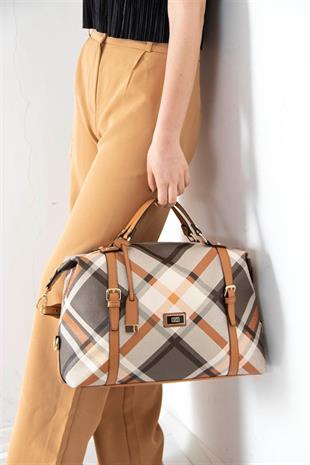 Silver & Polo SP1064 Kadın Seyahat Çantası Ekose Haki-Camel