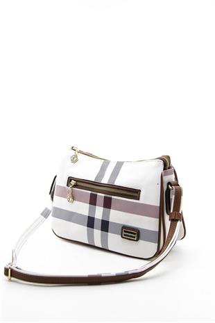 Silver & Polo SP818 Kadın Çapraz Çanta Ekose Beyaz-Taba