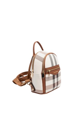 Silver & Polo SP983 Kadın Sırt Çantası Ekose Krem-Taba