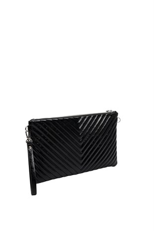 Silver Polo Crash Kırışık Siyah Kapitone V Kadın Portföy ve Clutch El Çantası SP1034