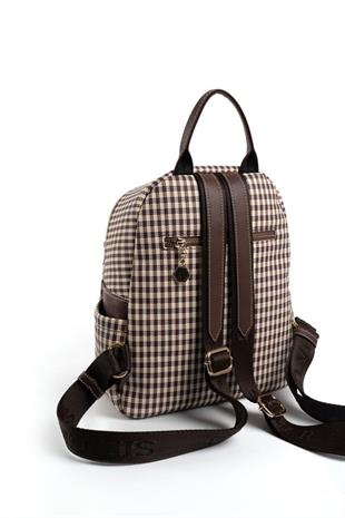 Silver & Polo SP906 Kadın Sırt Çantası Ekose Line Kare Kahve Sarı-Kahve