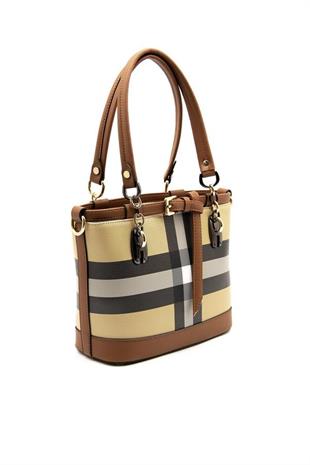 Silver & Polo SP1155 Kadın El Çantası Ekose Bej-Taba