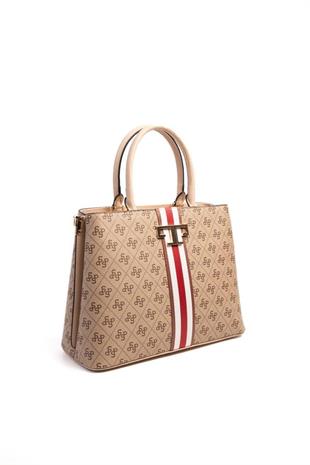 Silver & Polo SP924 Kadın El Çantası Şeritli Monogram Koyu Bej-Ten