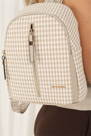 Silver & Polo SP901 Kadın Sırt Çantası Ekose Line Kare Kum Beji-Kum