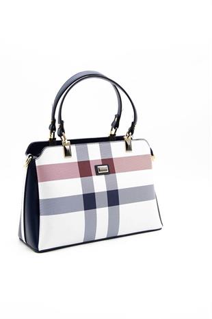 Silver & Polo SP972 Kadın El Çantası Ekose Beyaz-Lacivert