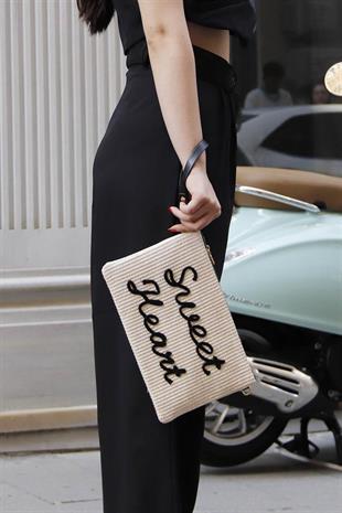 Silver & Polo SP1034 Kadın Portföy & Clutch Dokuma Hasır Bej-Siyah