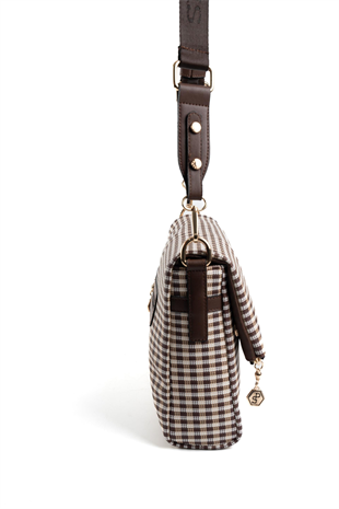 Silver & Polo SP963 Kadın Çapraz Çanta Ekose Line Kare Kahve Sarı-Kahve