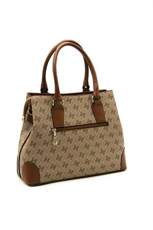 Silver & Polo SP667 Kadın El Çantası Monogram Koyu Bej-Taba