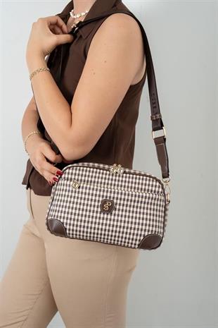 Silver & Polo SP1094 Kadın Çapraz Çanta Ekose Line Kare Kahve Sarı-Kahve