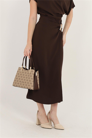 Silver & Polo SP1205 Kadın El Çantası Monogram Koyubej-Kahve