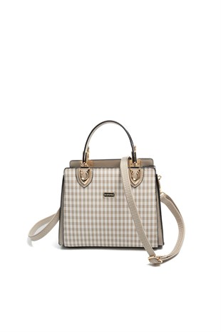 Silver & Polo SP1133 Kadın El Çantası Ekose Line Kare Kum Beji-Kum Beji
